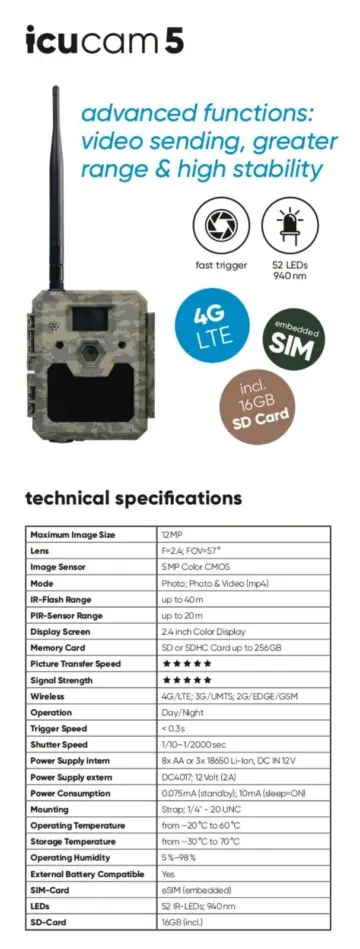 BRANDNEU: ICU ICUCAM 5 FUNK WILDKAMERA 4G/LTE PLUS 4000 COINS F&Uuml;R FOTOS + VIDEOS